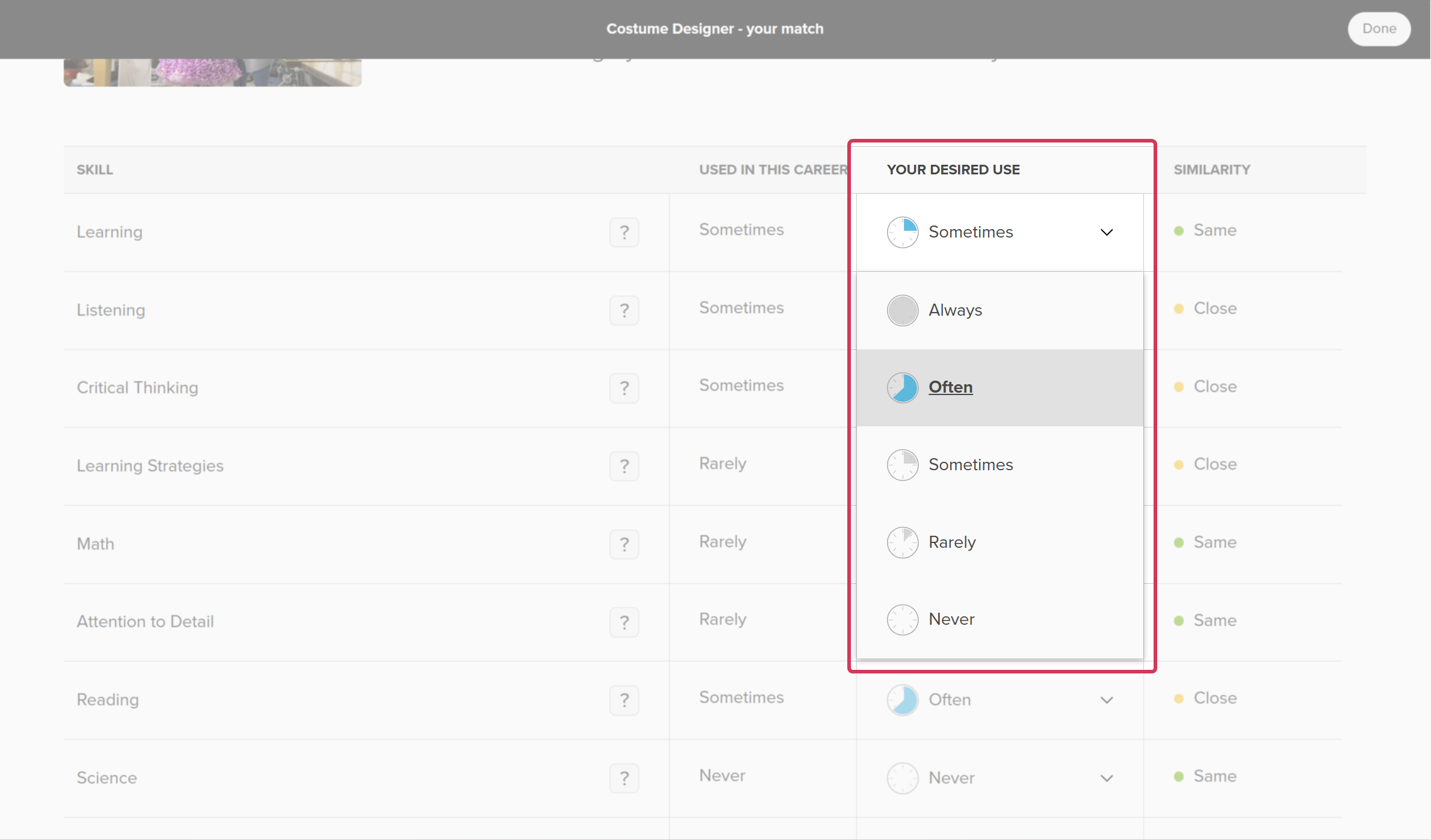 The Skills Lab results page. The column called "Your desired use" is highlighted